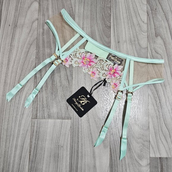 NWT Honey Birdette Amelie Mint Floral Garter Belt Suspender Size M